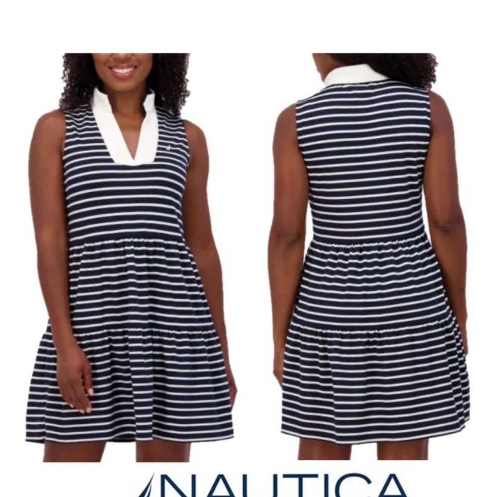 Nautica Tiered Dress XL‎ Navy/white Sleeveless Preppy V-Neck Fit & Flare XL
